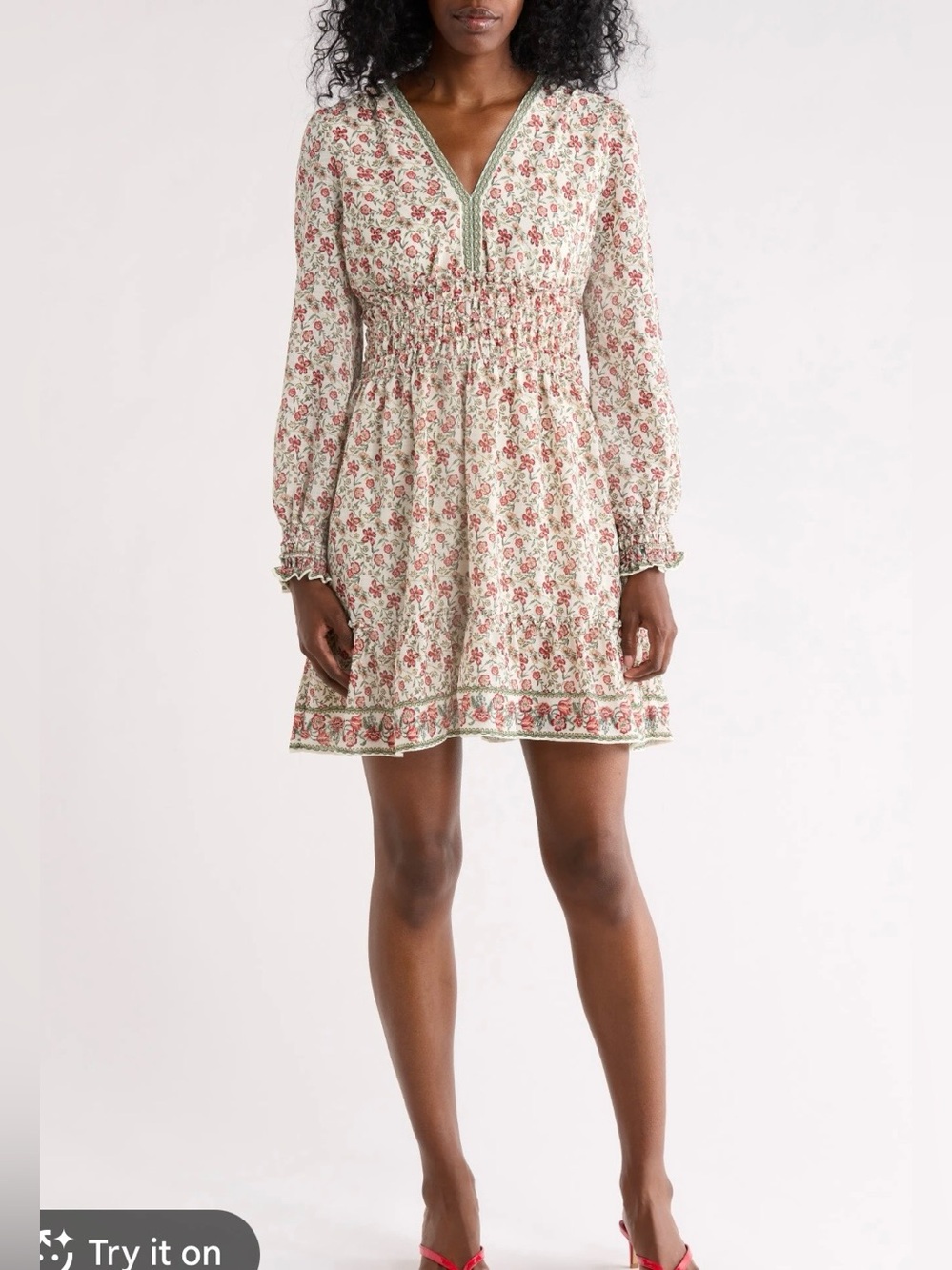 Max Studio • Boho Paisley Floral Cream V-Neck Long Sleeve Mini Dress XL NWT